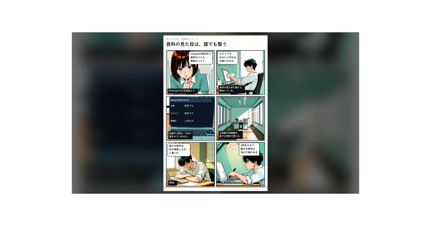 Claudeの資料づくりが無料の人にも開放。見た目が誰でも整う日に、副業に残る仕事