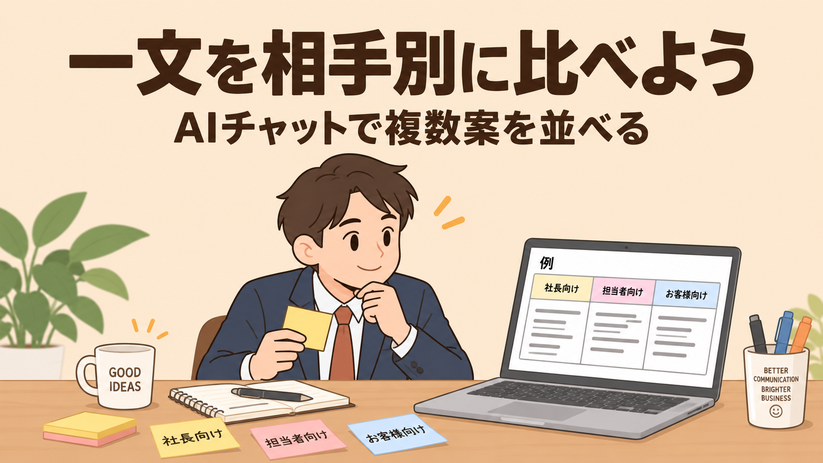 キャッチコピー、1案だけで決めていませんか？AIチャットで相手別に複数案を比べ、提案書の一文を選んでみよう