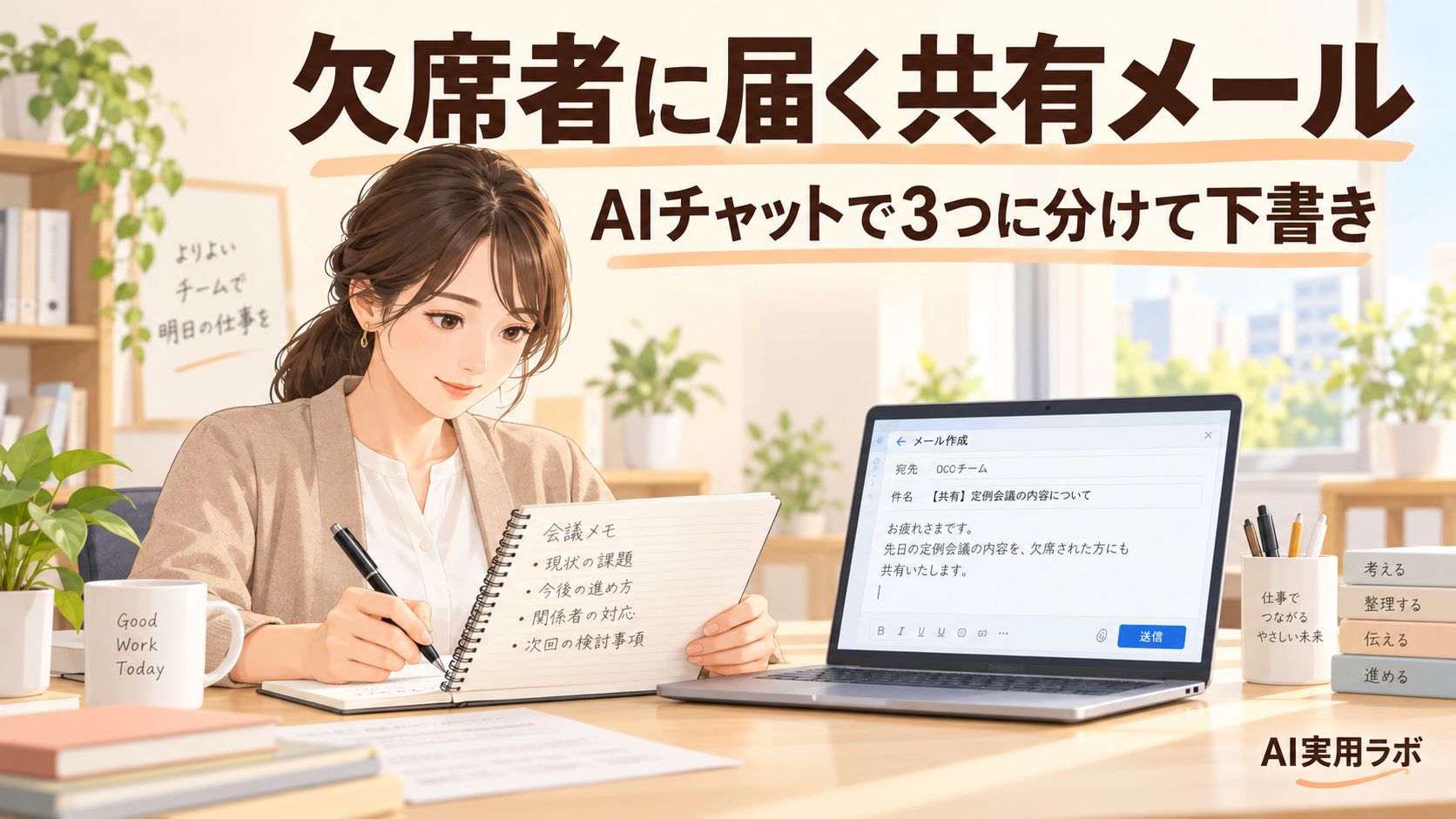 会議を休んだ人への共有、毎回書き直していませんか？AIチャットで「決定事項」と「あなたへのお願い」を分けた共有メールを作る方法