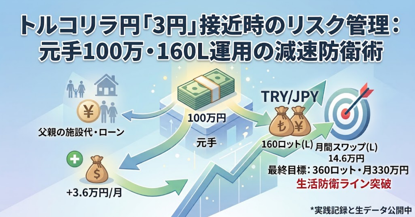 トルコリラが「3円」に接近した時のリスク管理：元手100万・160L運用のロスカットライン試算と、追加入金なしで仕掛ける「減速防衛策」