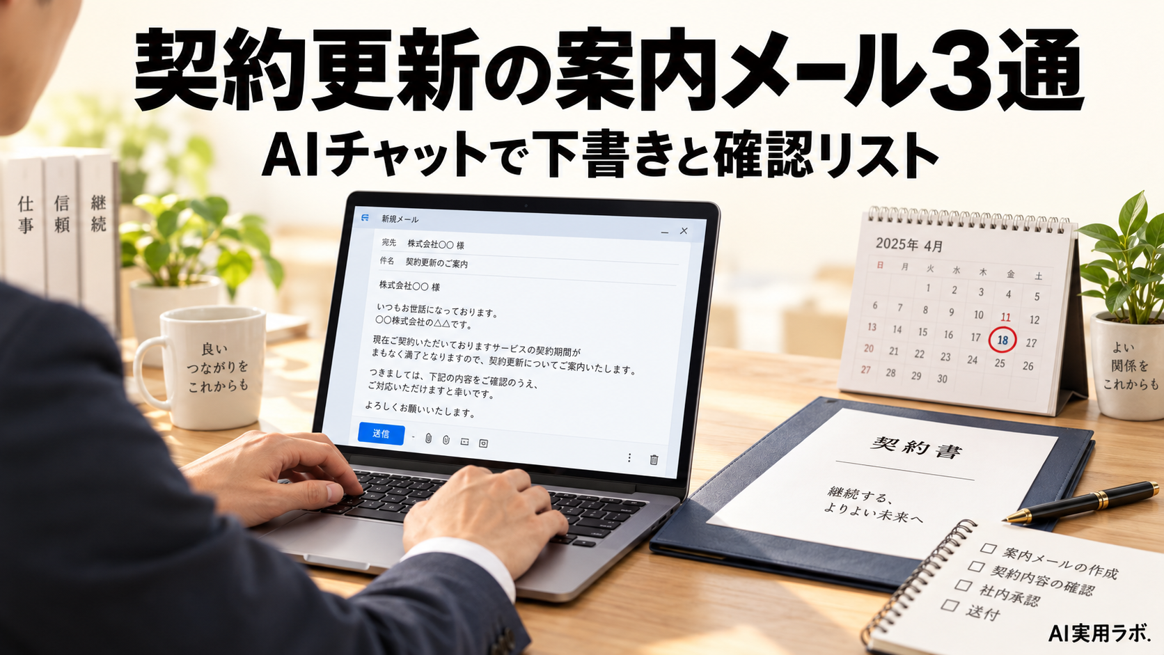 契約更新の連絡、直前になって慌てていませんか？AIチャットで更新案内メール3通と確認リストを作る方法