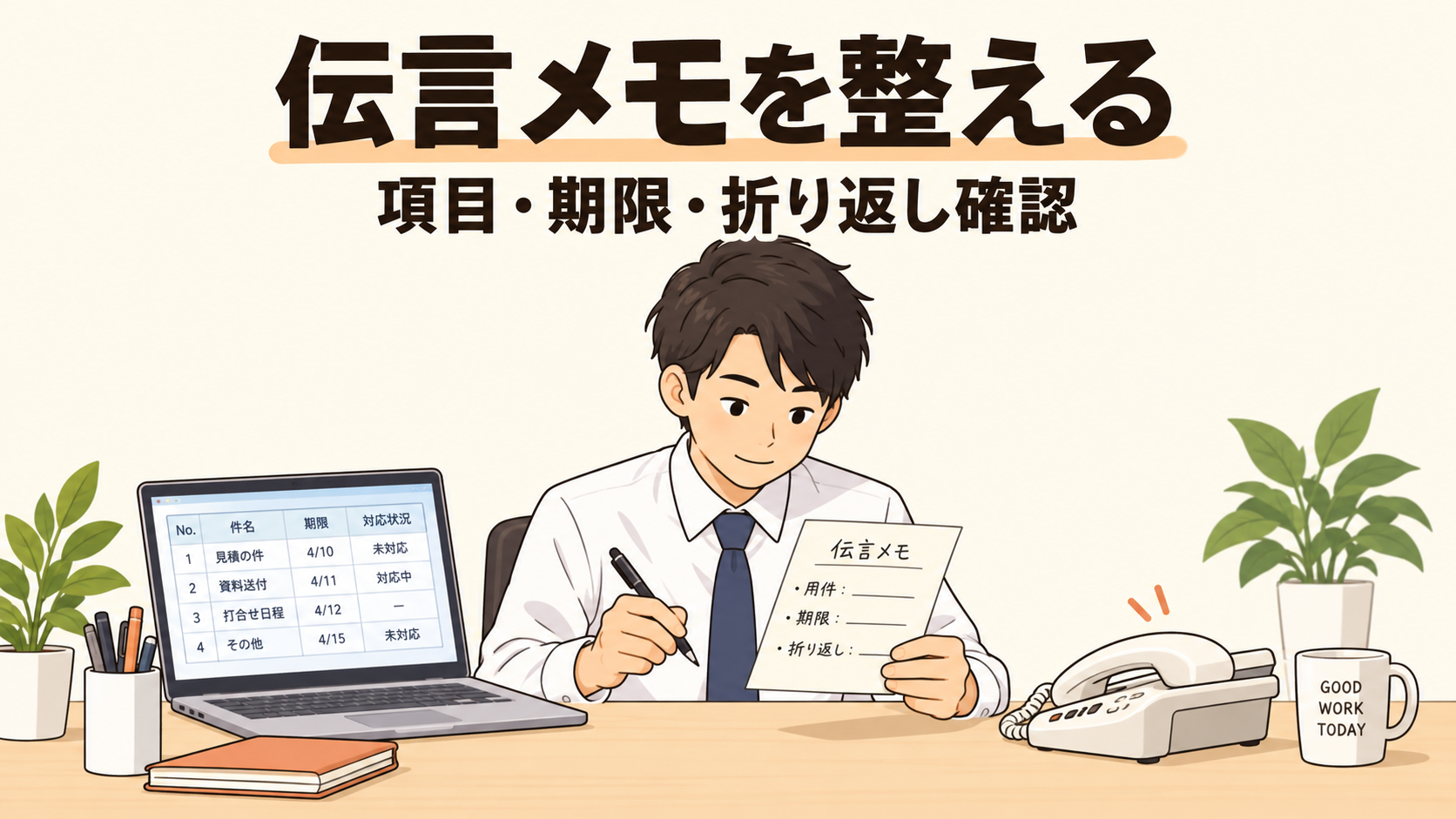 電話の伝言メモ、折り返しの期限が抜けていませんか？AIチャットで走り書きを共有用メモと確認リストに整えてみよう