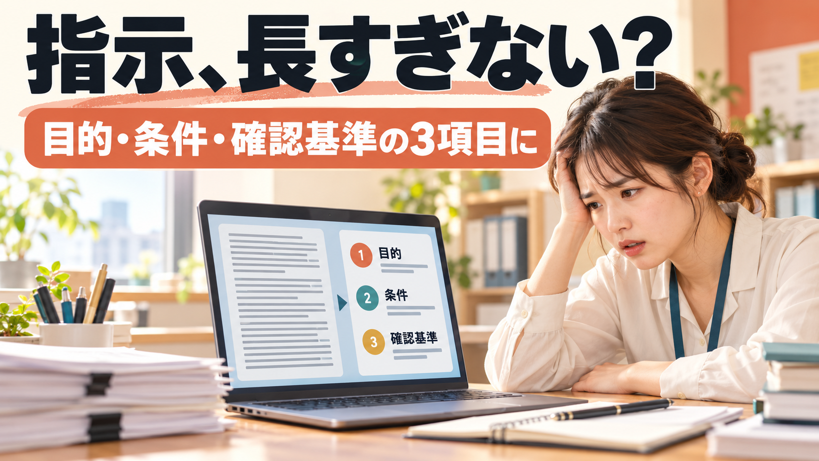 AIへの指示、長く書きすぎていませんか？「目的・条件・確認基準」の3項目に書き換えて、前後を見比べてみよう