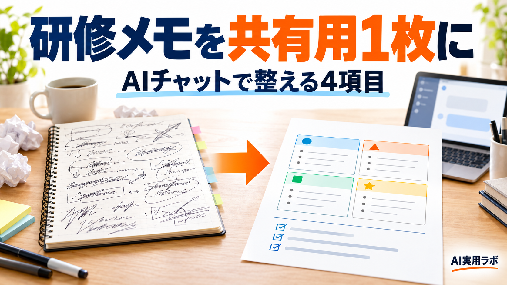 研修やセミナーに参加したのに、共有が後回し？AIチャットでメモを「共有用1枚」と「自分の実行リスト」に整えてみよう