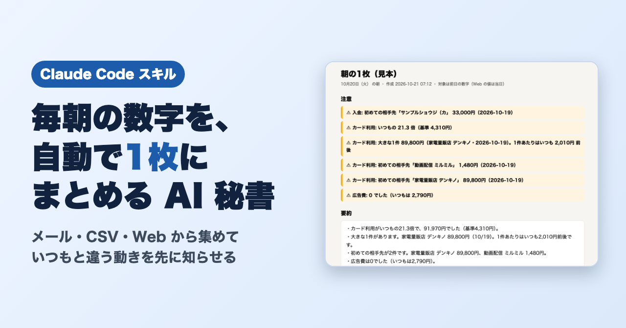 毎朝の売上・入金・カードの数字を、自動で1枚にまとめる｜Claude Codeスキル（ひとり社長のAI秘書）