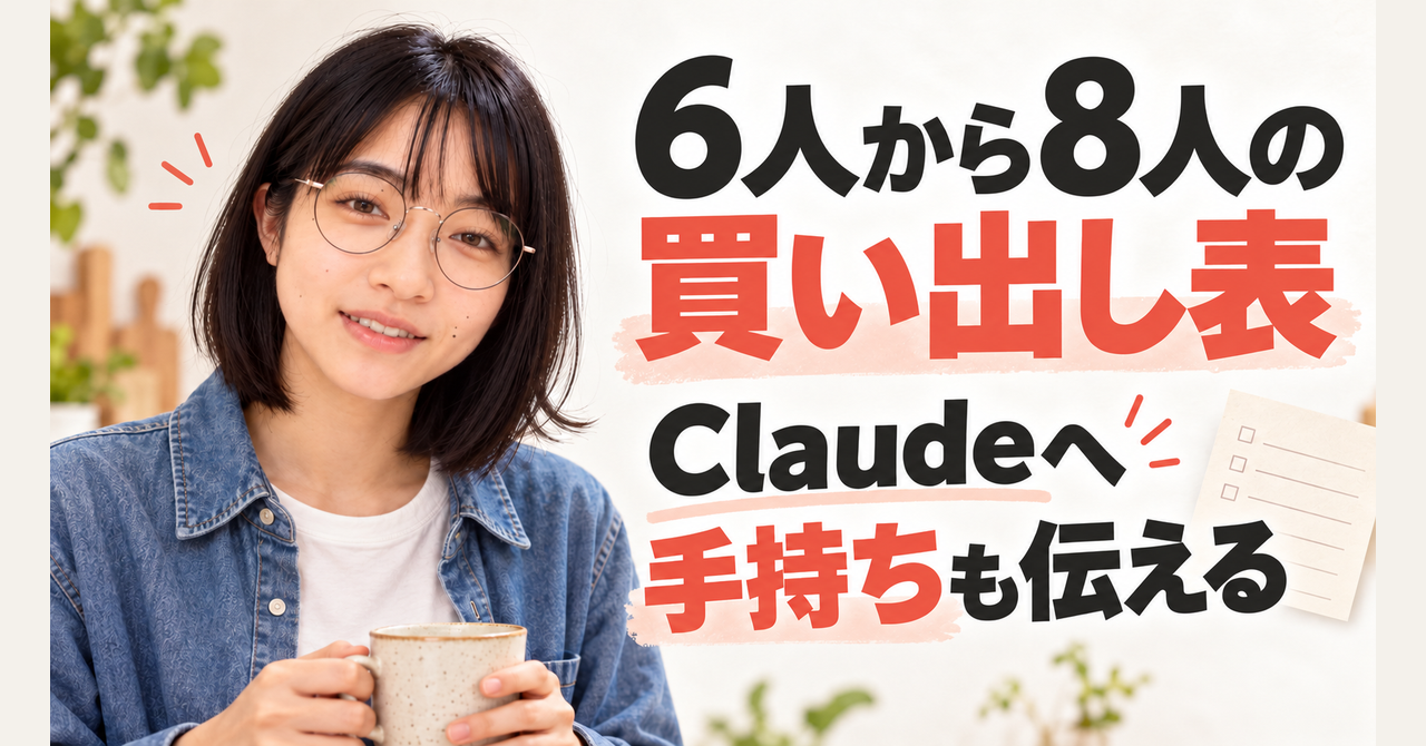 6人の集まりが8人に。Claudeに頼む、手持ちを引いた買い出し表