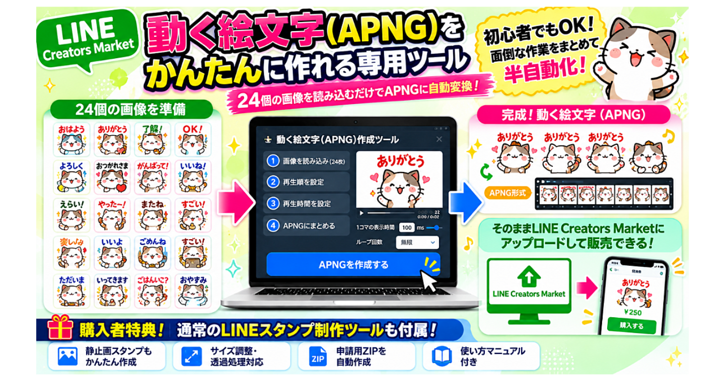 【画像付き・実例あり】Cha半自動化！24個の「動く絵文字」をAPNGにまとめる専用ツール｜通常LINEスタンプ制作ツールも購入者特典で付属