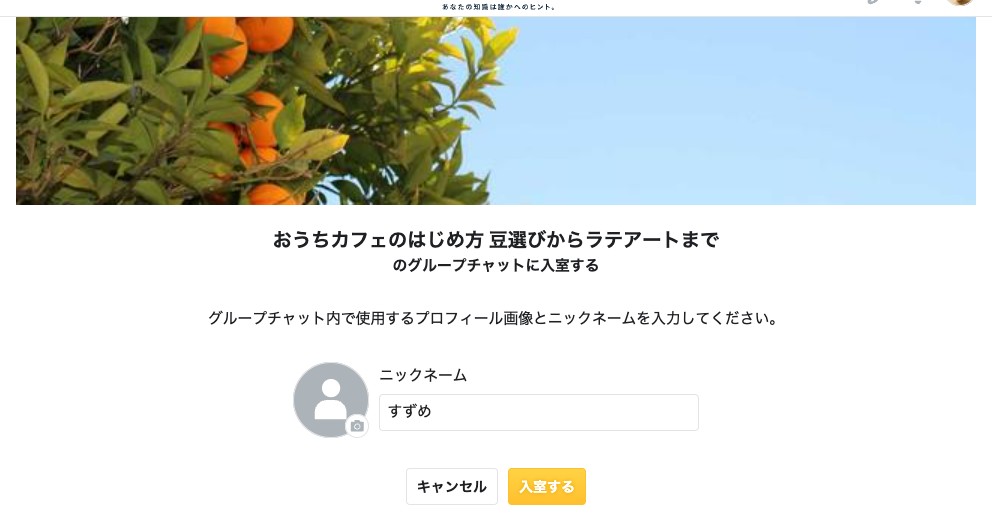 グループチャットの入室画面。ニックネームとプロフィール画像の設定欄と「入室する」ボタンが表示されている