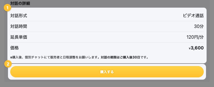 対話型コンテンツのページの「対話の詳細」。対話形式・対話時間・延長単価・価格が表示されている