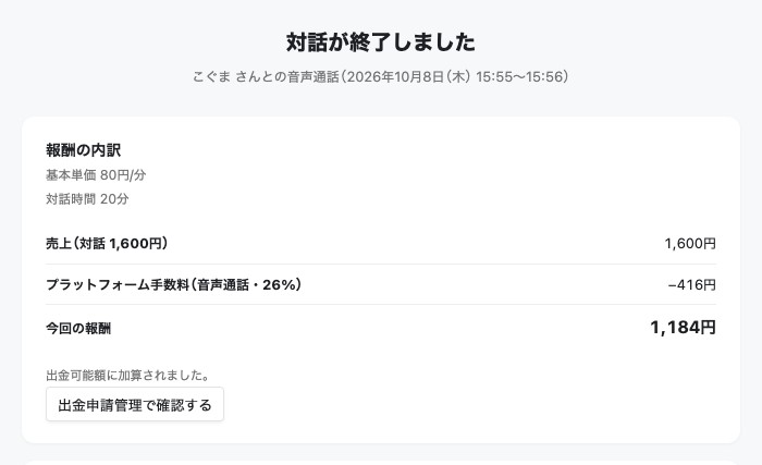 対話の終了画面の「報酬の内訳」。音声通話・26%のプラットフォーム手数料が差し引かれている