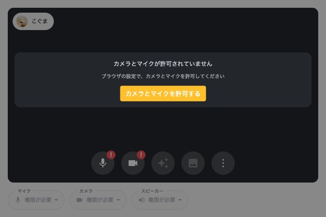待機画面。「カメラとマイクが許可されていません」と「カメラとマイクを許可する」が強調されている