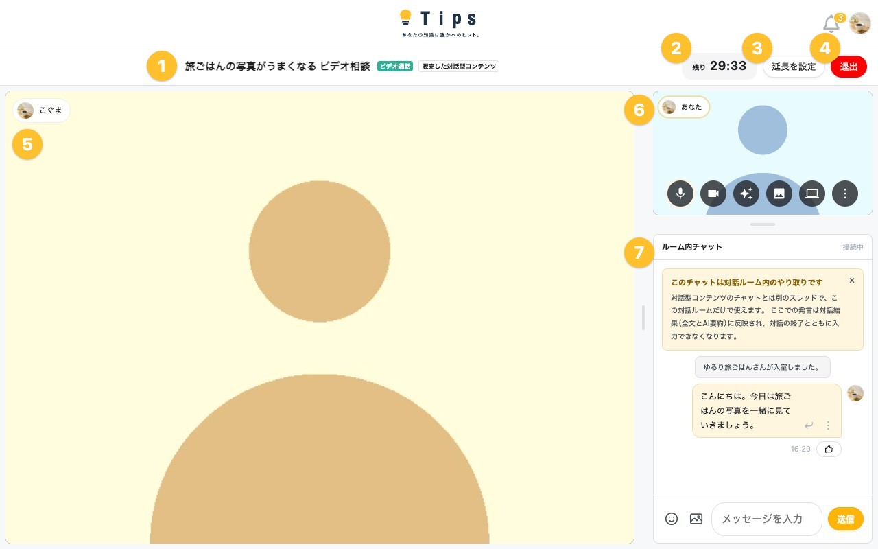 ビデオ通話の対話ルーム（販売者の画面）。上部にコンテンツ名・残り時間・延長を設定・退出、左に相手の映像、右に自分の映像とルーム内チャットが表示されている。番号は下の表と対応している