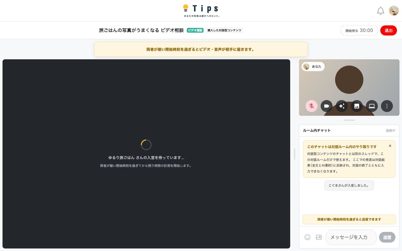 入室したあと、相手の入室を待っている画面。上部に「開始待ち」と、開始時刻を過ぎるまでビデオや音声が相手に届かないことの案内が表示されている