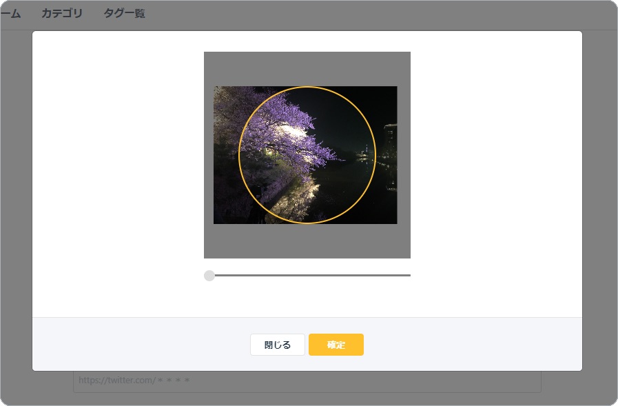 プロフィール画像の表示位置と大きさを調整し、確定する画面