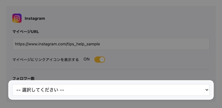 Instagramの入力欄。フォロワー数の選択リストが強調表示されている