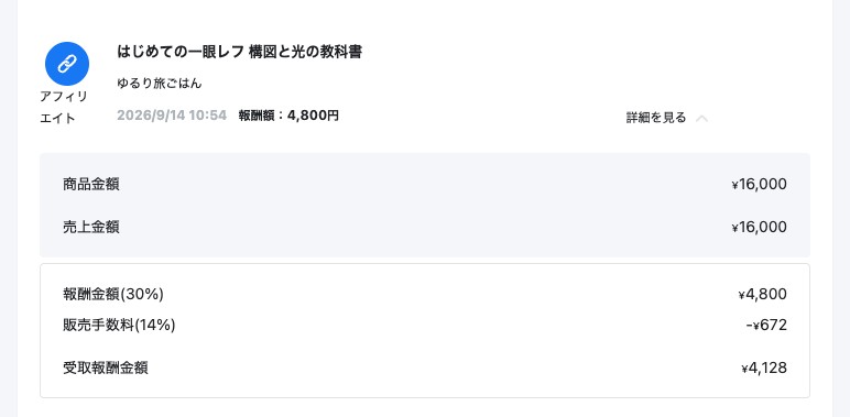 詳細を見るを開いた画面。商品金額・売上金額・報酬金額・販売手数料・受取報酬金額が表示されている